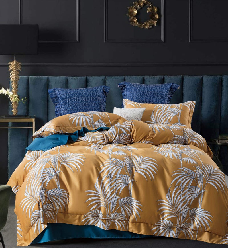 Eikei Modern Vintage Retro Mod Print Bedding Egyptian Cotton Duvet Cover Set Minimalist Chic Botanical Design Asian Zen Style Reversible Pattern in Full Queen or King Size (King, Mustard Yellow) - Image 5